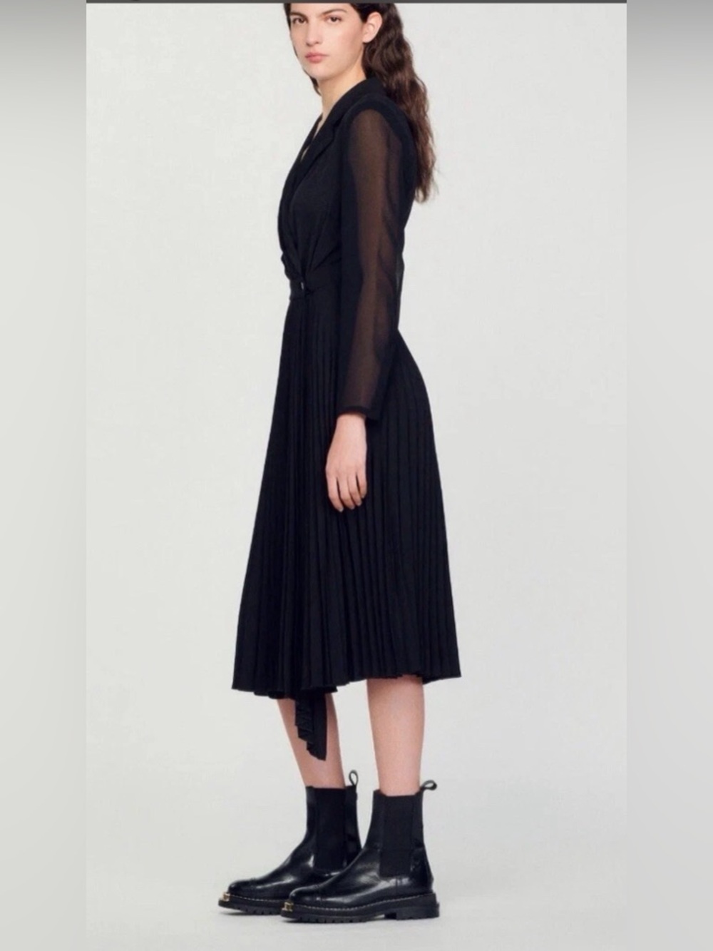 Sandro Paris Black Pleated Midi Dress | Dual Material | US 2 | Elegant - Picture 6 of 16